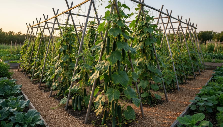 Wooden A-frame trellis with climbing bean and pea plants growing on both sides