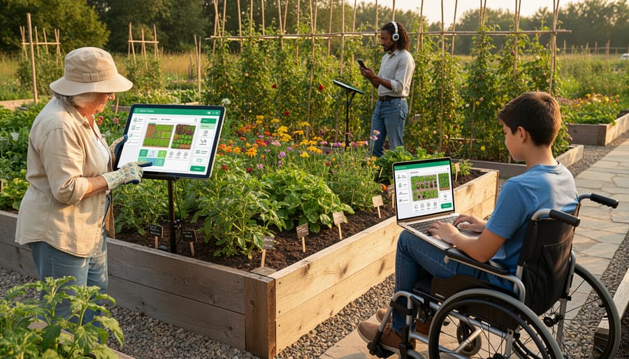 Person using tablet with garden planning content while sitting in outdoor garden