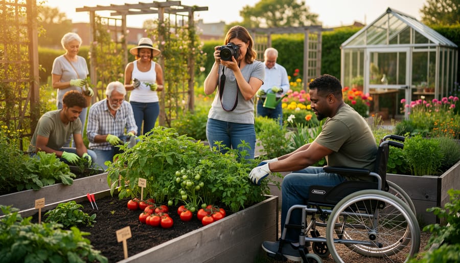 Eye-level photo of a garden blogger taking pictures while a wheelchair user and two other gardeners tend raised vegetable beds in warm evening light, with trellises and a small greenhouse softly blurred in the background.