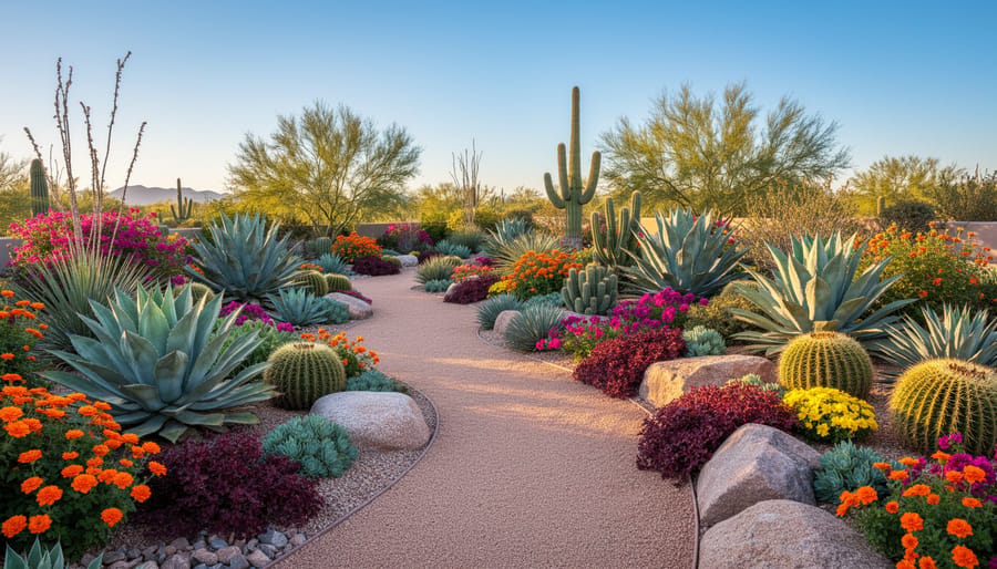 Beautiful drought-tolerant garden featuring lavender, sage, cacti and succulents with rock mulch