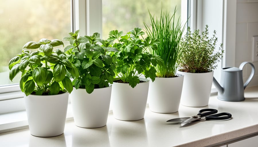 Overhead view of five herb seedlings in terracotta pots on wooden table