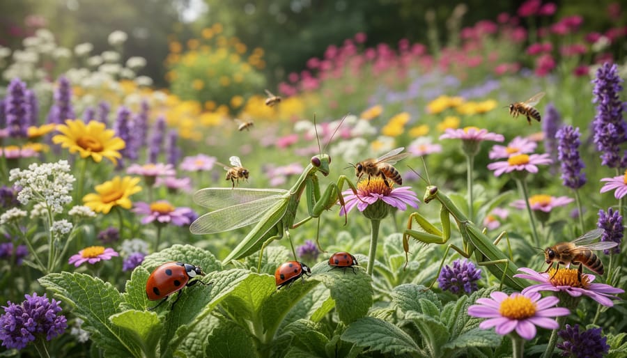 Colorful pollinator garden with diverse flowering plants attracting beneficial insects