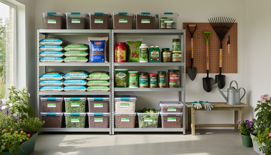 Organized shed storage with bags of soil amendments and shelves of gardening supplies