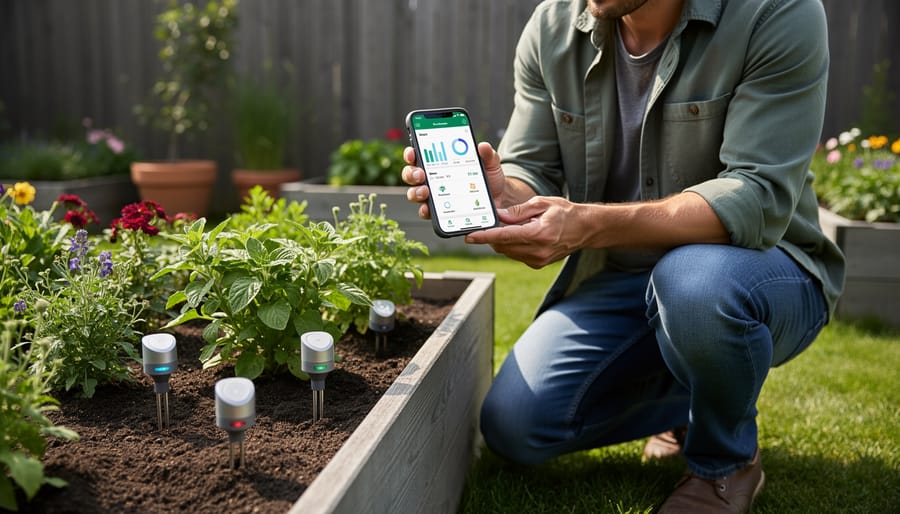 Gardener checking plant sensor data on smartphone app in urban balcony garden