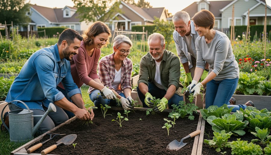 Multiple hands of diverse community members planting together in garden soil