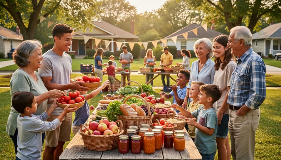 Diverse group of community garden members celebrating together with harvested vegetables