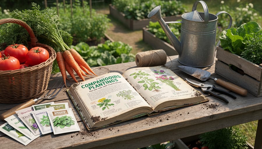 Open gardening book on potting bench surrounded by garden tools and fresh vegetables