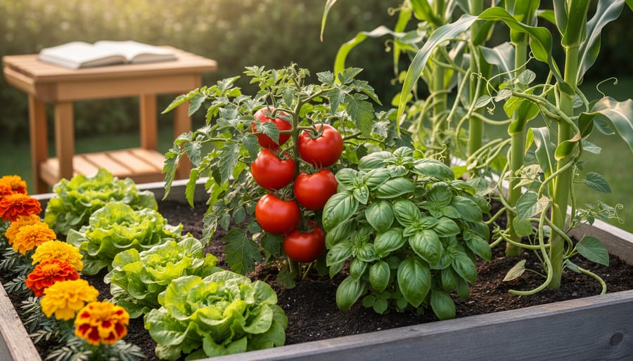 Eye-level photo of a thriving companion-planted bed with tomatoes and basil in sharp focus, marigolds bordering lettuce, and beans climbing young corn in warm golden-hour light, with a closed, soil-smudged gardening book softly blurred on a potting bench in the background.
