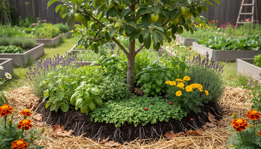 Mixed planting of companion vegetables and flowers growing together in raised garden bed