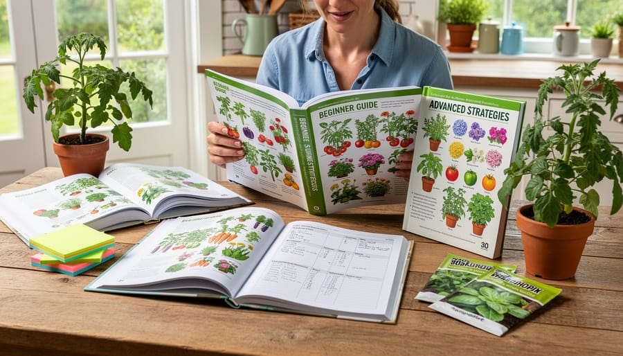 Gardener's hands holding several well-used companion planting books outdoors