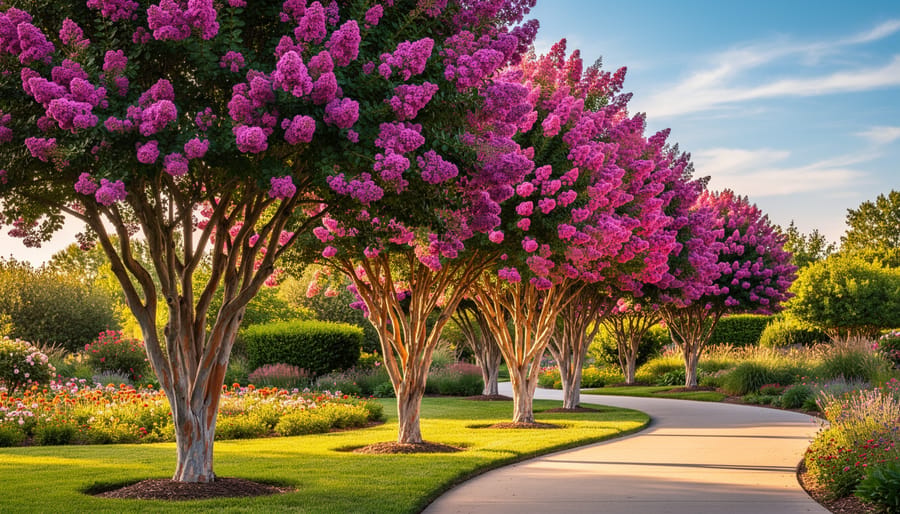 Mature Crape Myrtle tree with full canopy of pink blooms against blue sky