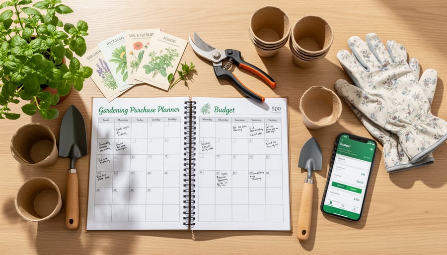 Gardener writing in notebook while planning purchases at outdoor table with laptop and plants