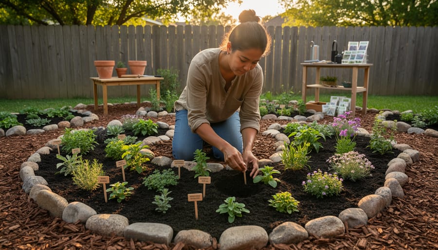 Gardener planting heritage seedlings in home ethnobotanical garden bed