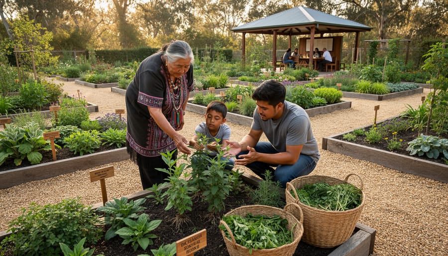 Indigenous elder teaching young person about medicinal plants in ethnobotanical garden