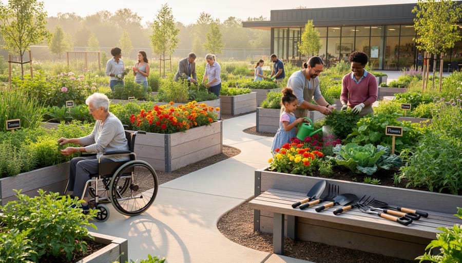 Three gardeners of different ages working together in a colorful flower garden
