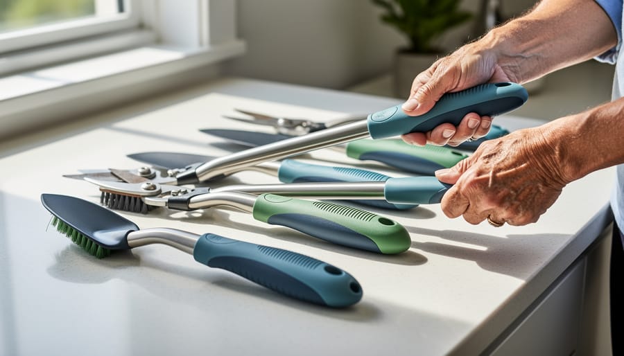 Collection of ergonomic gardening tools with long handles and padded grips on wooden surface