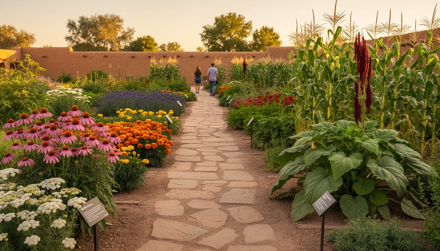 Eye-level photo of an ethnobotanical garden at golden hour with echinacea, yarrow, marigolds, indigo, maize, and amaranth along a curving path; deep focus, adobe wall and trees behind, two visitors softly blurred.