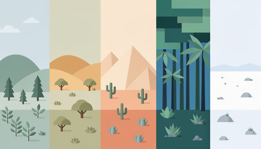 Four climate types represented by tropical foliage, desert cacti, autumn trees, and winter evergreens
