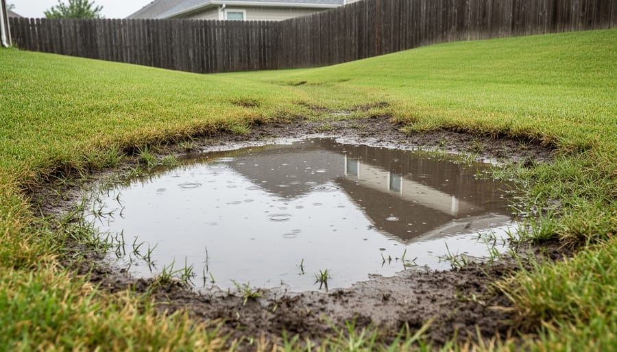 Backyard with standing water pooling in grass showing drainage issues