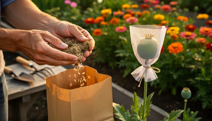 Close-up of hands shaking dried cosmos seedheads into a kraft paper bag with seeds falling, a mesh bag secured on a poppy pod, and softly blurred zinnias, marigolds, and tools in a sunlit garden background.