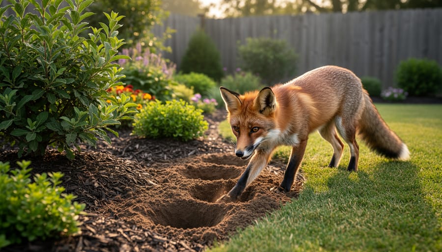 Garden soil showing fox digging patterns and paw prints around plants
