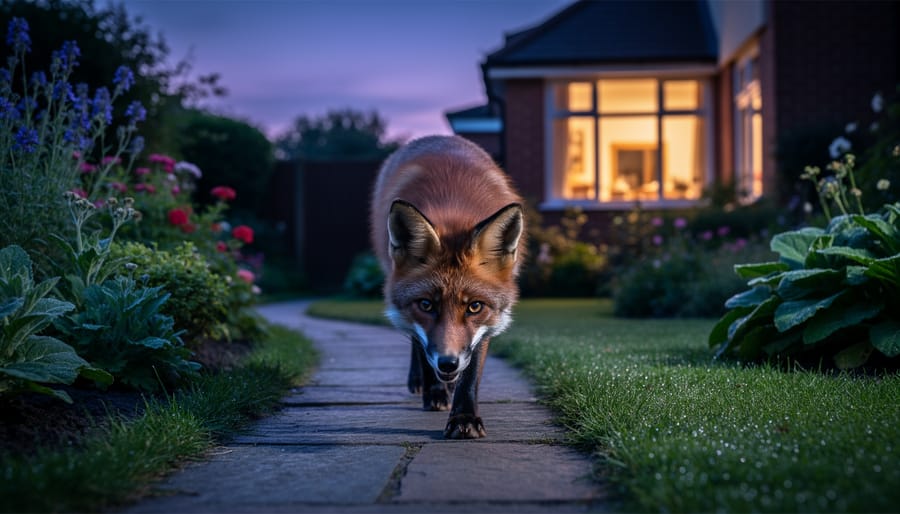 Red fox walking through suburban garden during twilight hours