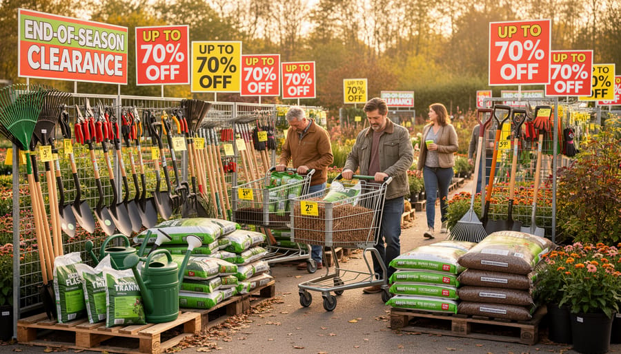 Garden center clearance section with discounted gardening tools and equipment on shelves