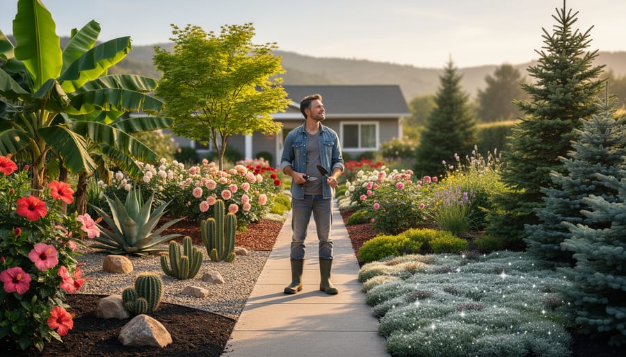 Gardener standing on a backyard path that moves through tropical, dry, temperate, continental, and frost-touched cold-hardy planting areas at golden hour, with a soft-blurred house and hills behind.