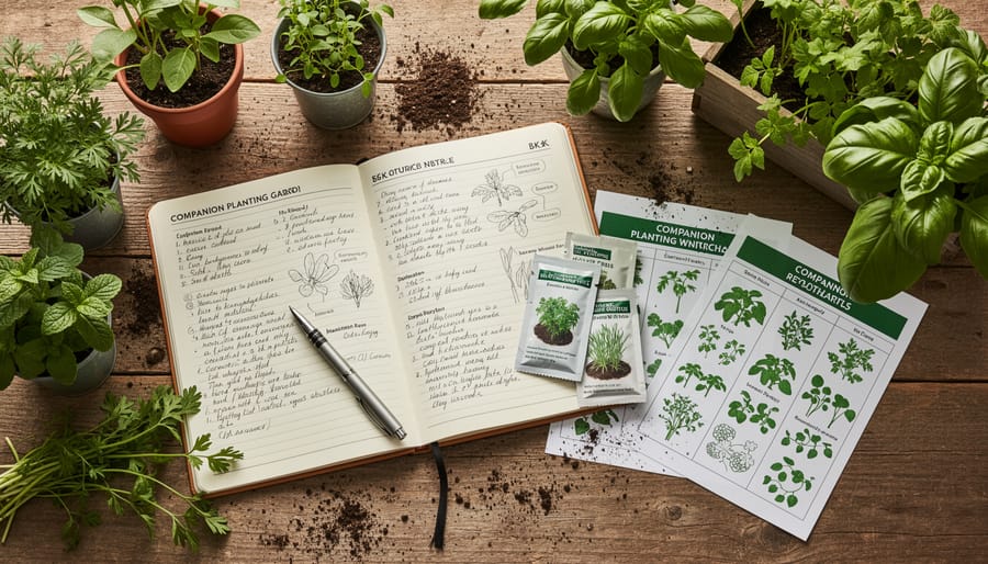 Gardener taking notes in journal next to open companion planting book and fresh vegetables