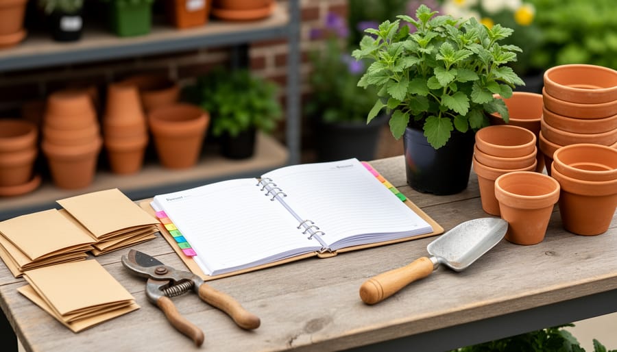 Overhead medium close-up of a tidy potting bench with a blank planner, unbranded seed envelopes turned face-down, pruning shears, trowel, fertilizer scoop, terracotta pots, and a perennial, lit by soft natural daylight with blurred garden-center shelves behind.