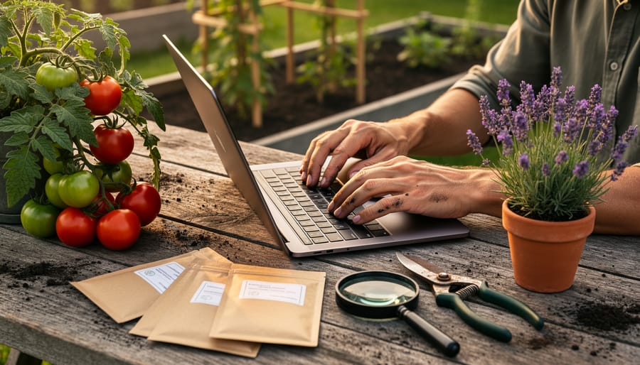 Gardener’s hands typing on a laptop at a rustic outdoor table with a potted tomato plant, lavender, seed packets, pruning shears, and a magnifying glass, with sunlit raised beds softly blurred in the background.