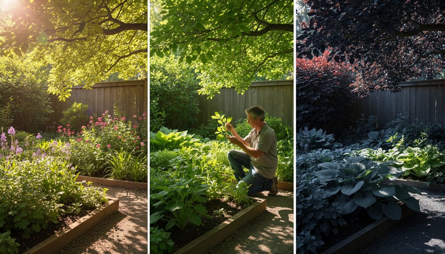 Three different garden shade conditions showing dappled light, deep shade, and building shadow