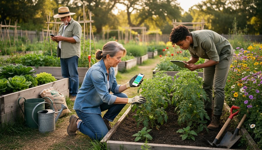 Gardener using smartphone to search for plant care information while kneeling in vegetable garden
