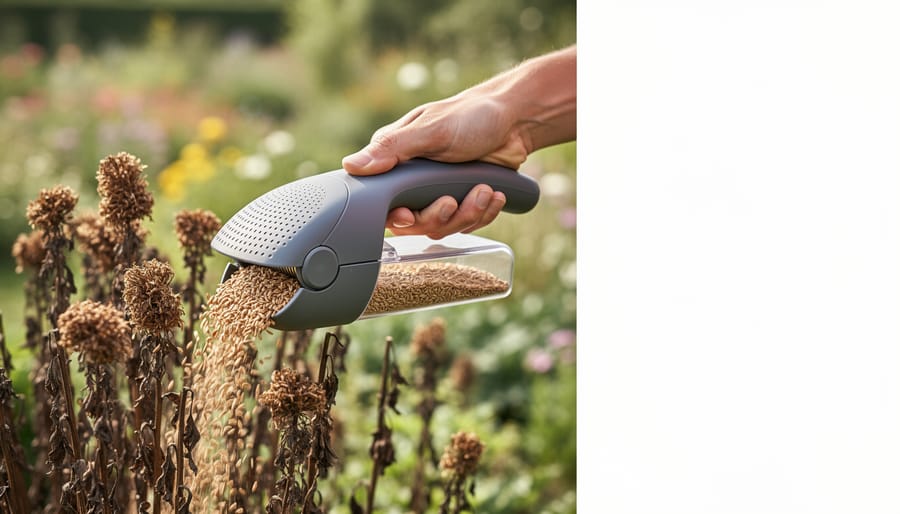 Close-up of gardener using handheld seed stripper tool to harvest flower seeds