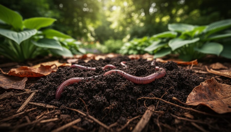 Close-up of rich composted garden soil showing earthworm and decomposing organic matter
