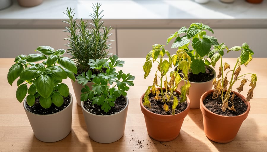 Side-by-side comparison of healthy basil plant and overwatered yellowing basil plant