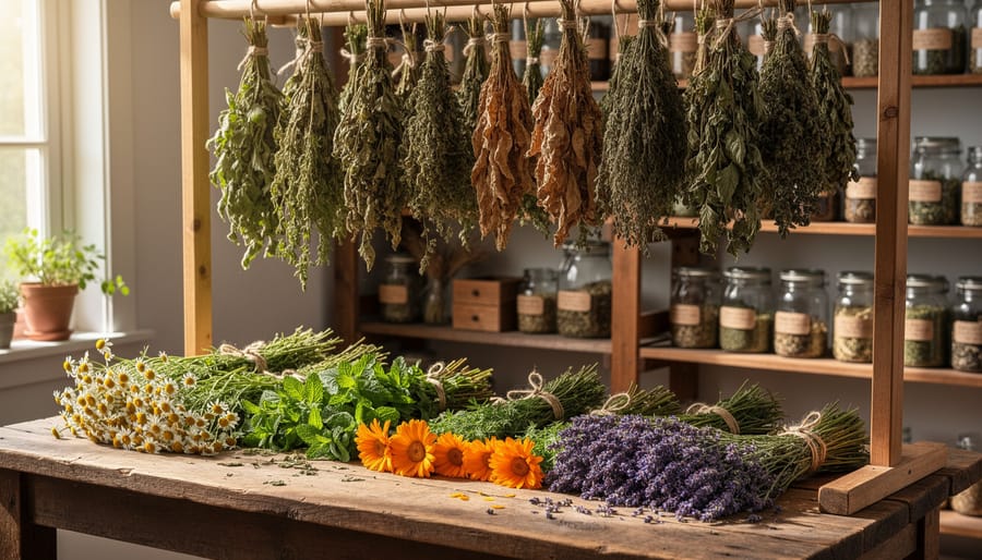 Bundles of medicinal herbs hanging to dry on wooden rack