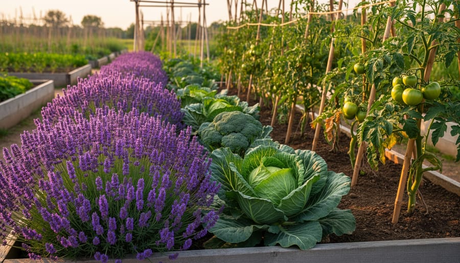 Flowering hyssop forming a border at the edge of a raised vegetable bed beside healthy cabbage and broccoli, with staked tomatoes softly blurred in the background under warm golden hour light.