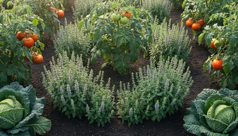Overhead view of hyssop planted as border around cabbage and tomato plants in garden bed
