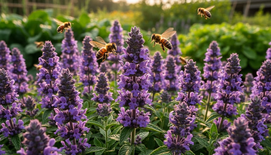 Close-up of purple hyssop flowers with bee pollinator in garden setting