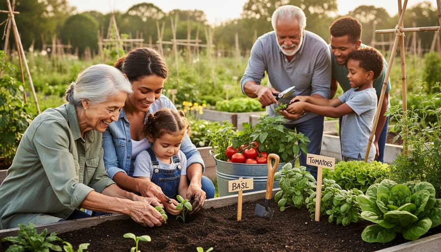 Elderly gardener teaching young child about seedlings in community garden raised bed