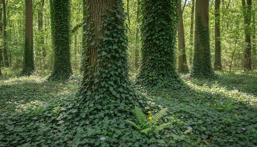 English ivy invasive plant growth covering tree trunk and forest floor