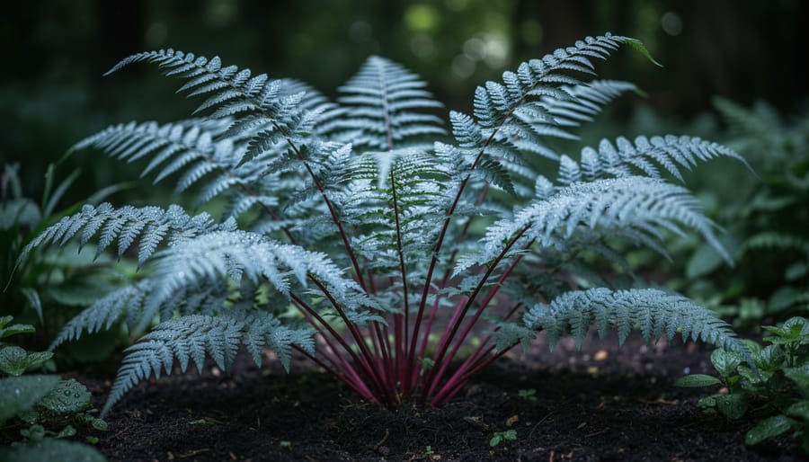 Close-up of Japanese Painted Fern showing silvery-blue fronds and burgundy stems