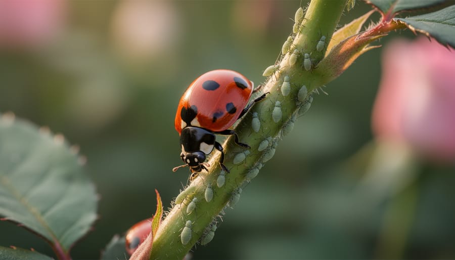 Close-up of ladybug on aphid-infested plant stem in garden