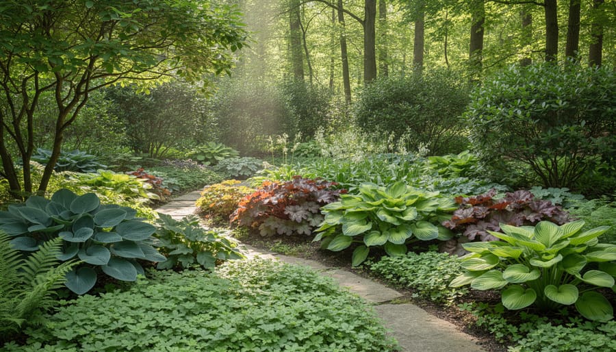 Layered shade garden design with tall, medium, and ground-level plants creating depth