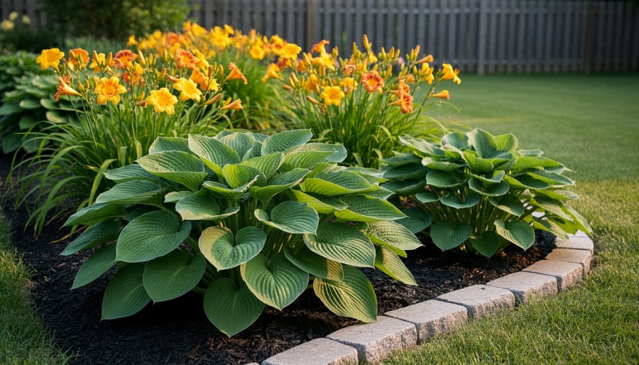 Established perennial garden with blooming hostas and daylilies in mulched beds