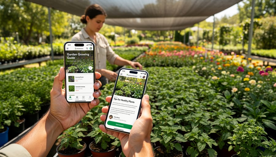Gardener reading tablet with gardening content while standing in greenhouse with seedlings