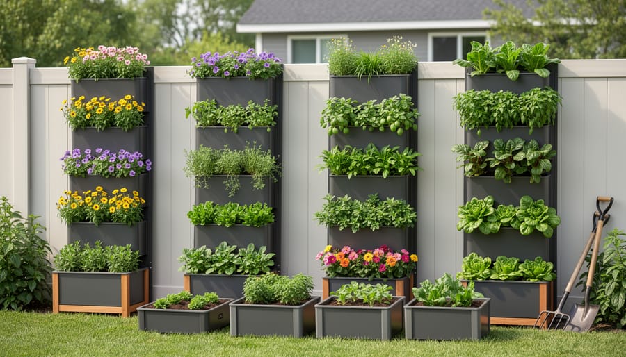 Hands planting lettuce seedling into modular wall-mounted vertical garden system