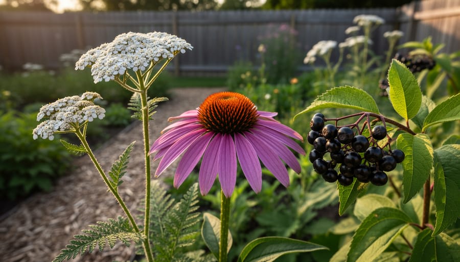 Close-up of purple echinacea flowers, white yarrow clusters, and ripe elderberry berries in a warm, sunlit backyard garden, with a blurred wooden fence and mulch path behind.