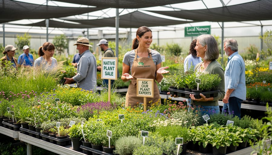 Group of gardeners selecting native plants at outdoor nursery